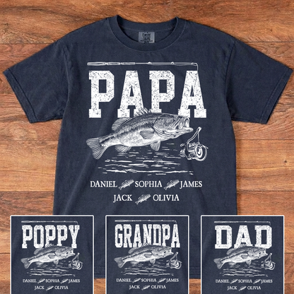 Comfort Colors® Papa Fishing Custom Name, Personalized Dad Papa Grandpa and Grandkids Gift  Father's Day T-shirt