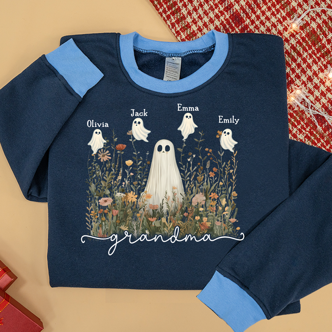 Grandma Cute Ghost in Wildflowers And Grandkids Fall Sweatshirt Mix