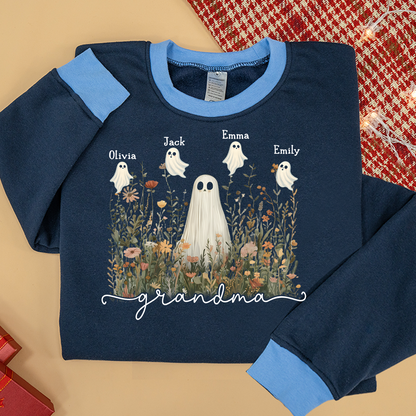 Grandma Cute Ghost in Wildflowers And Grandkids Fall Sweatshirt Mix