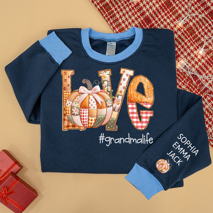 Personalized Love Grandmalife Pumpkin Patchwork Fall with Grandkids Names, Holiday Design, Cozy Family Gift for Grandma Sweatshirt Mix