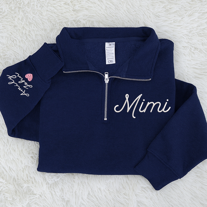Mimi heart Pink Sweatshirt, Mimi And Grandkids Embroidered Quarter Zip Sweater