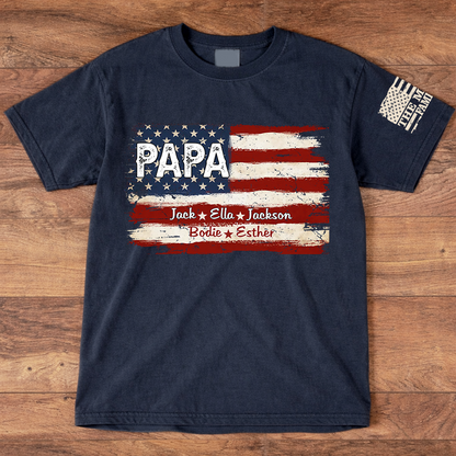 Personalized Papa American Flag Shirt, Custom Dad T-Shirt with Kids Names, Patriotic Family Gift