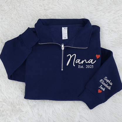 Nana Heart Sweatshirt, Personalized Nana And Grandkids Embroidered Quarter Zip Sweater