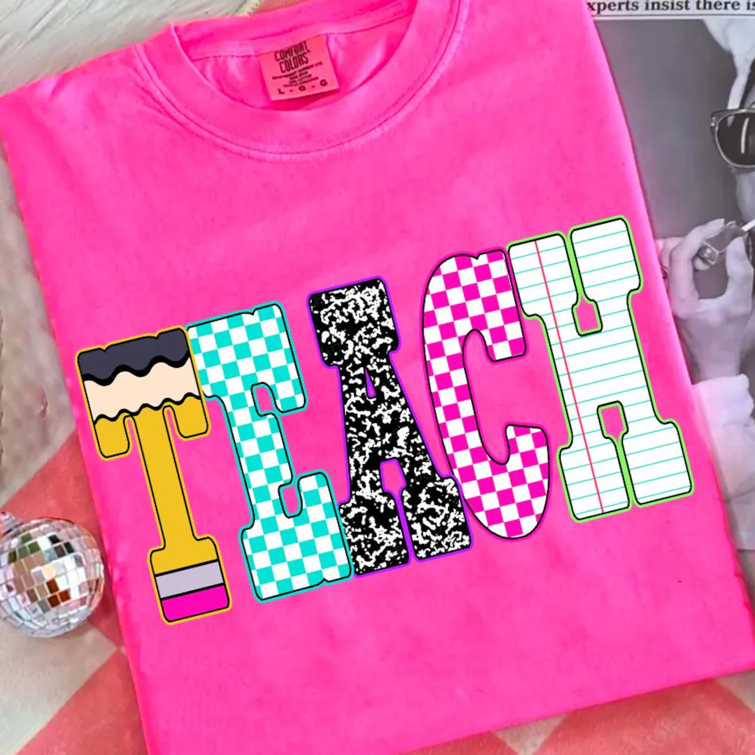 Neon Checkered TEACH, Teacher Back to School Shirt
