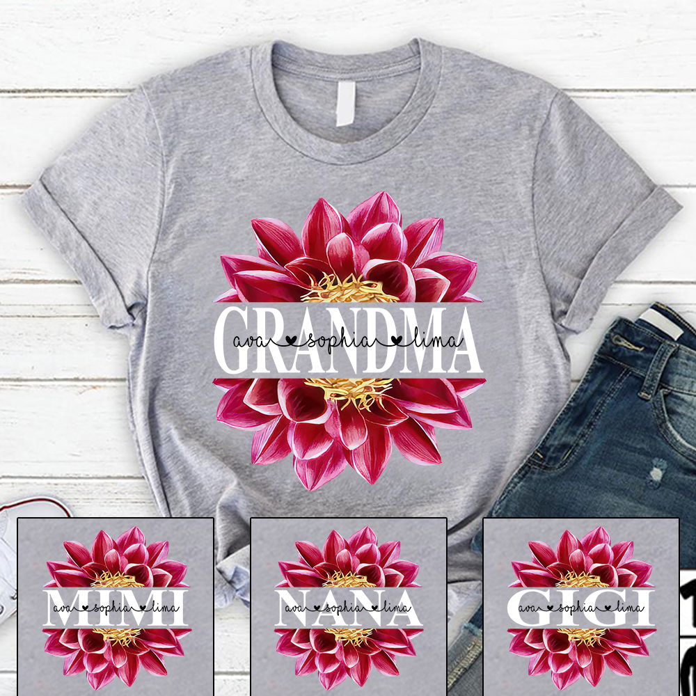 Grandma Dahlia Flower Shirt, Custom Grandma With Kids, Mother's Day TH T-Shirt