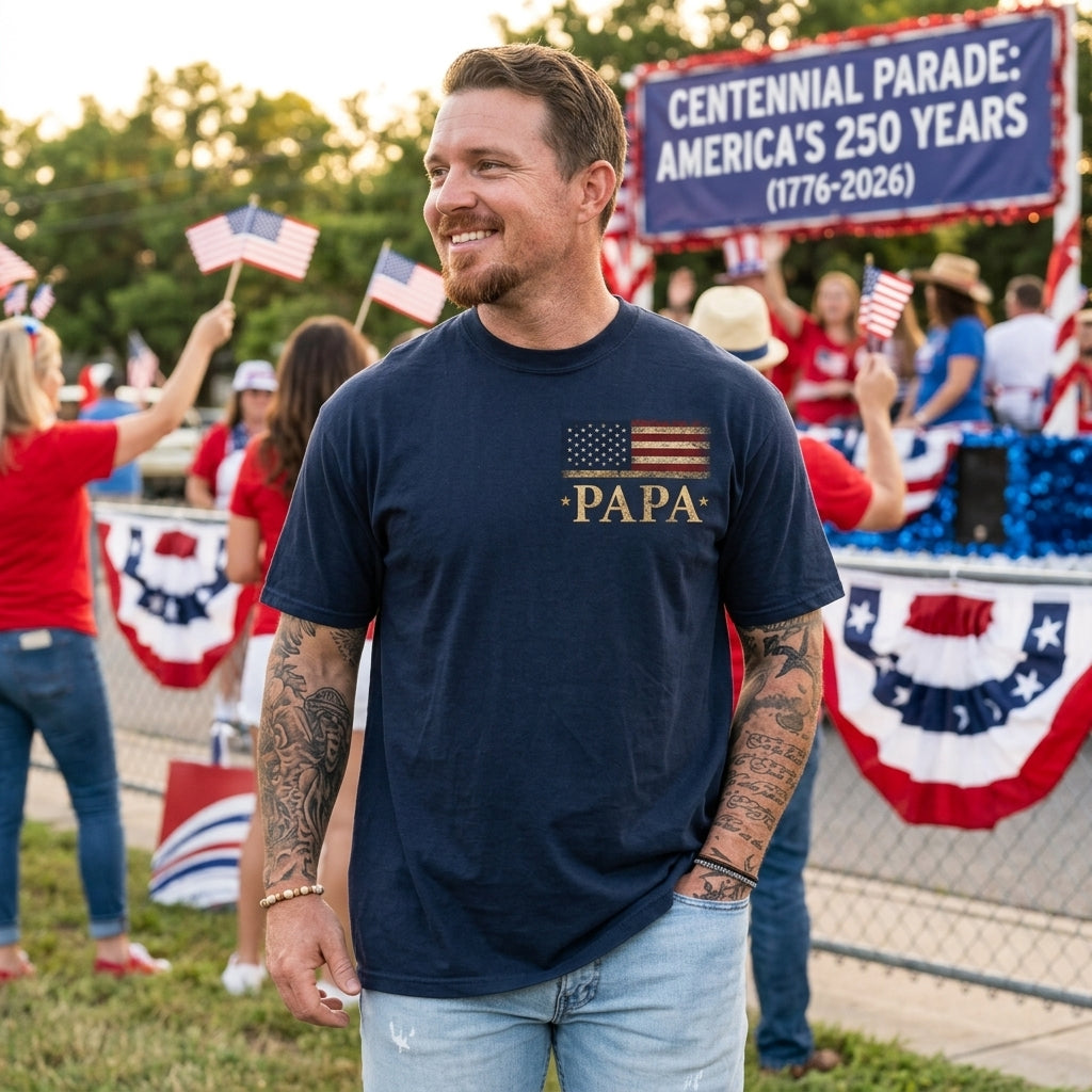Personalized Papa America 250 Years Shirt, Patriotic American Flag Shirt, 1776 2026 USA Celebration, Fathers Day Gift for Papa Grandpa Dad, Independence Day Family Shirt