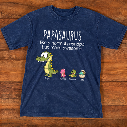 Personalized Papasaurus Mineral Wash T Shirt, Custom Grandpa Dinosaur Tee with Grandkids Names, Father's Day Apparel for Papa