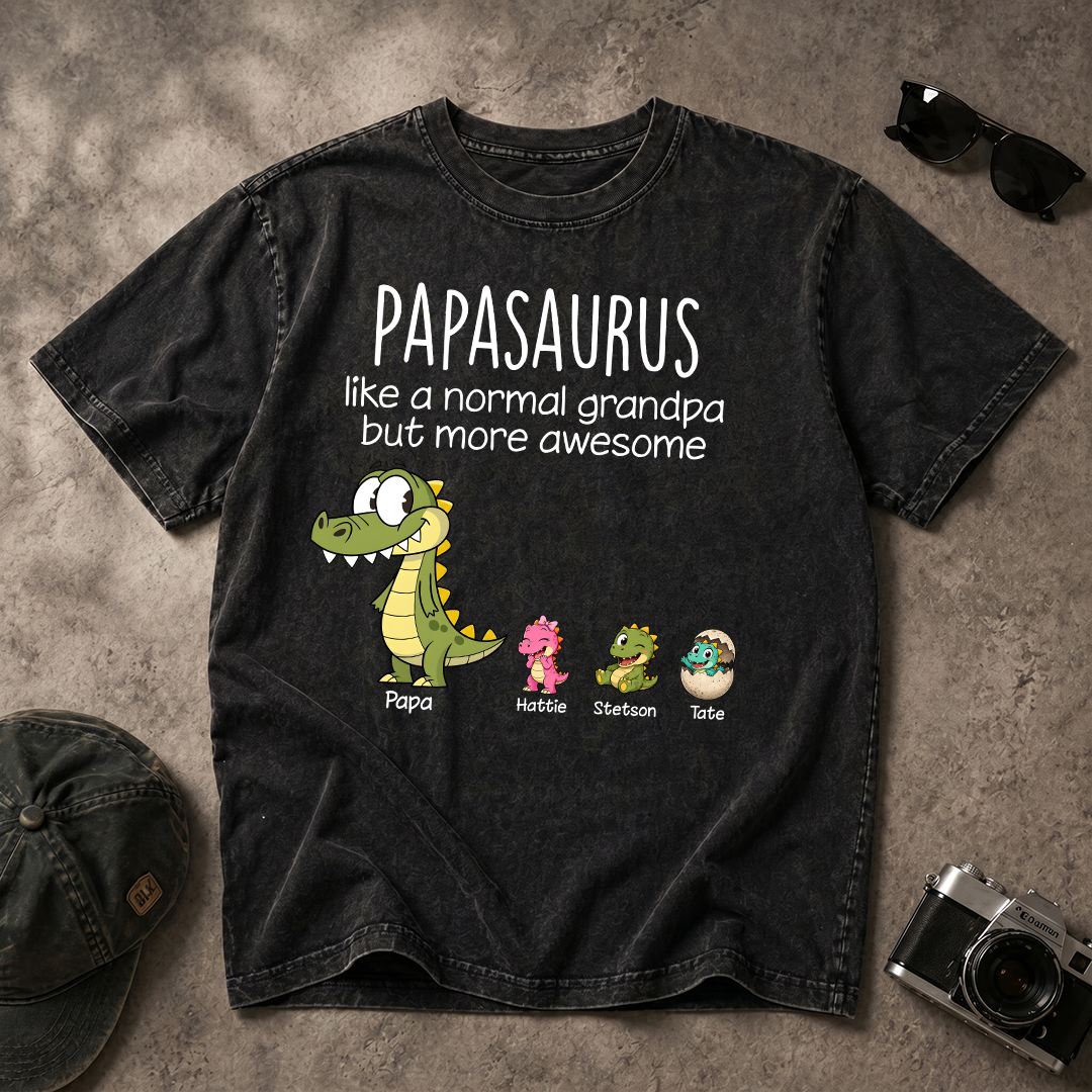 Personalized Papasaurus Mineral Wash T Shirt, Custom Grandpa Dinosaur Tee with Grandkids Names, Father's Day Apparel for Papa