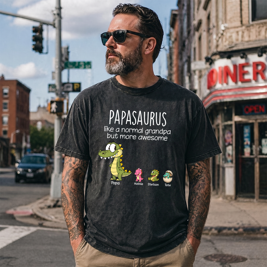 Personalized Papasaurus Mineral Wash T Shirt, Custom Grandpa Dinosaur Tee with Grandkids Names, Father's Day Apparel for Papa
