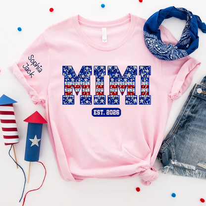 Mimi Faux Rhinestone Patriotic USA Flag Shirt Custom Nickname T-Shirt with Kids Names on Sleeve Est 2026 4th of July Mothers Day Family Matching Tee for Grandma Nana Gigi