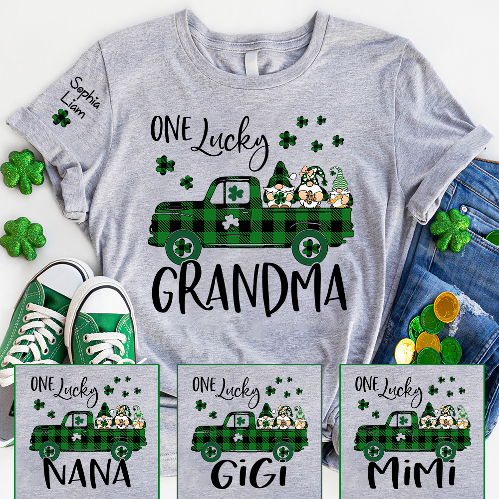 One Lucky Grandma Shirt, Personalized St Patrick’s Day Grandma Shirt With Shamrock Truck Design