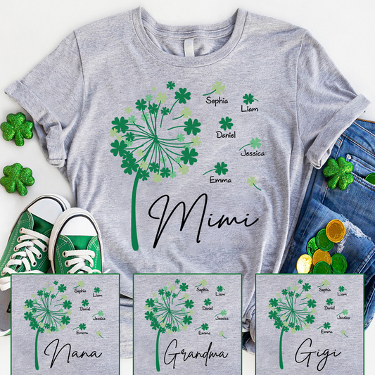 Personalized Mimi Shirt with Kids Names, Shamrock Dandelion Design, St Patricks Day Family Shirt for Grandma, Custom Lucky Mimi T Shirt