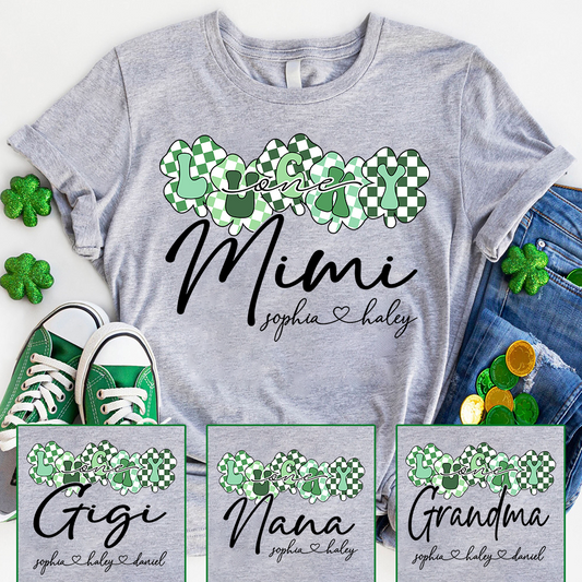 Custom Mimi Shirt with Grandchildren Names, Lucky Clover St Patrick’s Day Grandma Tee, Personalized Irish Style Family Shirt