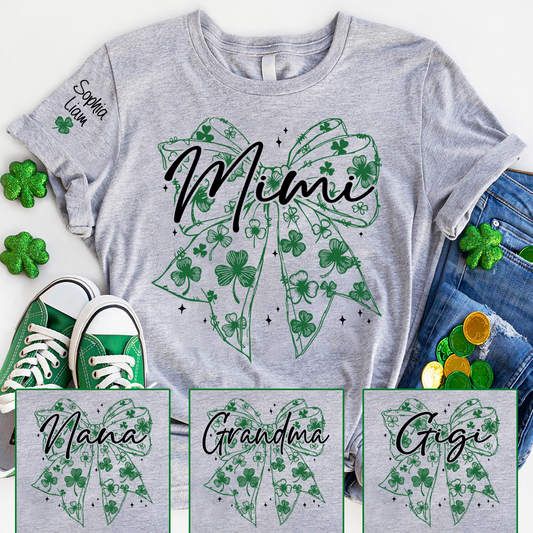 Mimi Clover Shirt Personalized with Grandkids Names, St Patrick’s Day Grandma Gift, Shamrock Bow Family T-Shirt