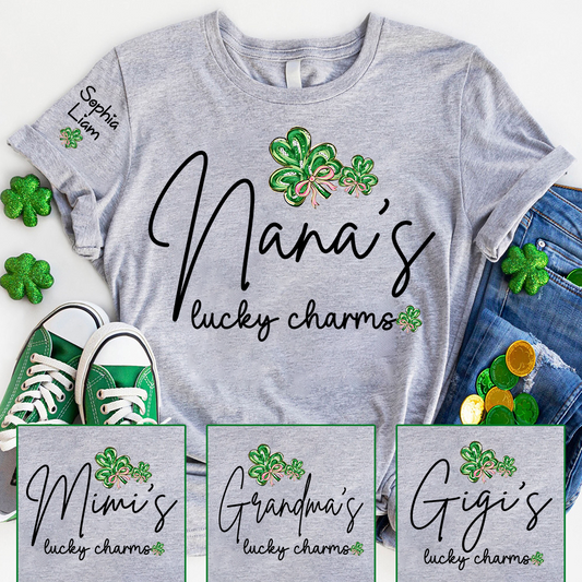 Nana’s Lucky Charms Shirt Personalized Grandma Name Tee with Shamrock Design St Patrick Theme Gift for Nana