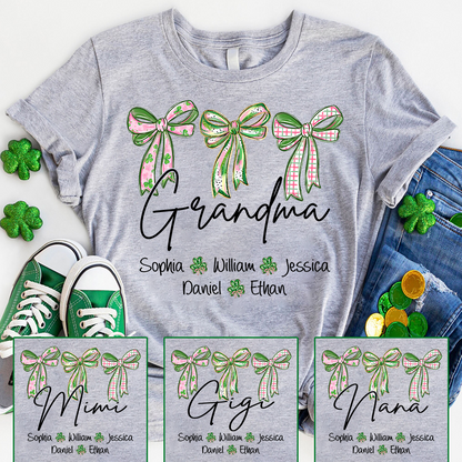 Lucky Grandma Personalized Shirt, Shamrock and Bow St Patrick Day Theme, Custom Names Family Shirt for Grandma