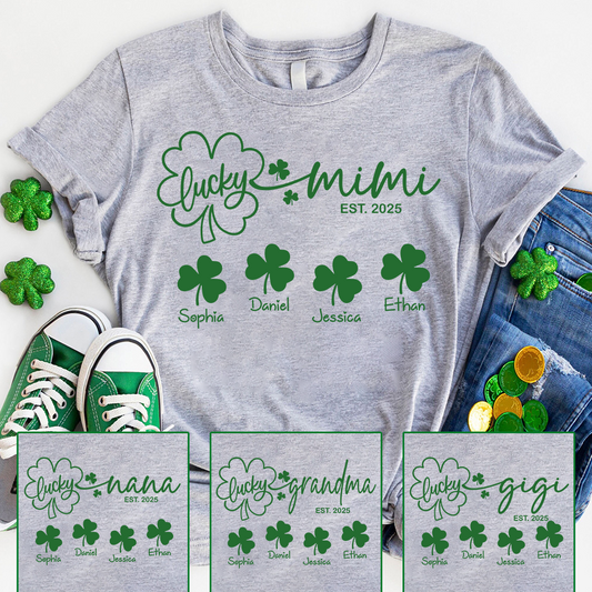Lucky Mimi EST 2025 Shirt, Personalized Grandma Family Shirt with Names, St Patricks Day Shamrock Gift for Mimi