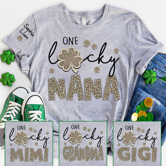 Lucky Nana Shirt, One Lucky Nana with Clover and Leopard Print, Personalized Grandma T-Shirt, St. Patrick’s Day Apparel