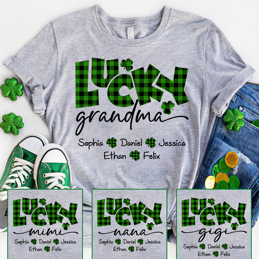 Lucky Grandma Personalized Shirt Clover Shamrock Artwork Custom Family Names St Patrick’s Day Celebration Tee