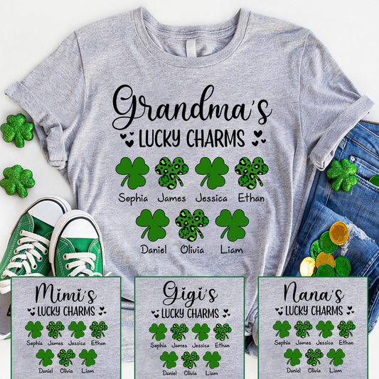 Grandma’s Lucky Charms Shirt, Personalized Grandma T Shirt with Grandkids Names, St Patrick’s Day Shamrock Family Tee for Grandma