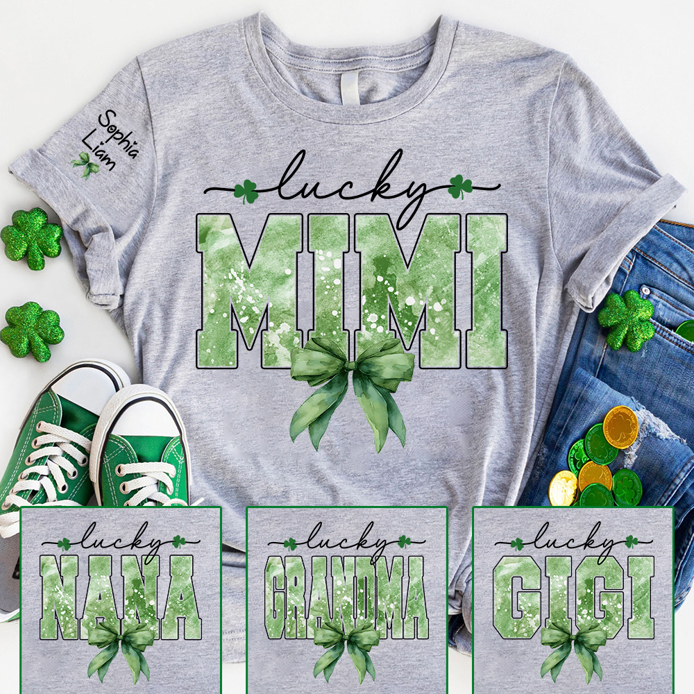 Lucky Mimi Shirt for St Patrick’s Day, Custom Name Grandma T Shirt with Shamrocks, Personalized Mimi Family Shirt