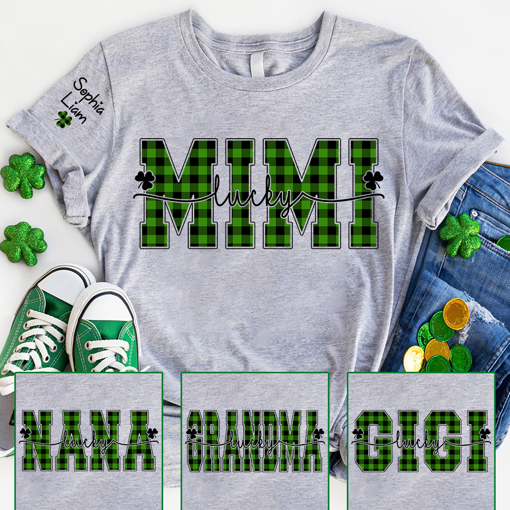 Lucky Mimi Shirt with Shamrock Design, Personalized Grandma Name Tee, St Patrick’s Day Family Shirt for Mimi