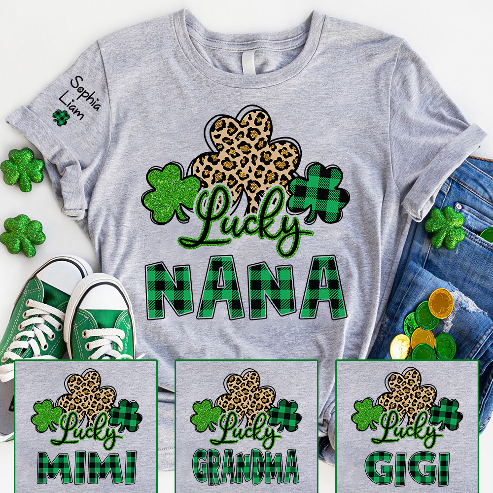 Personalized Lucky Nana T Shirt with Shamrock Pattern, St Patricks Day Grandma Shirt, Custom Name Nana Tee, Cute Irish Clover Design for Family Wear