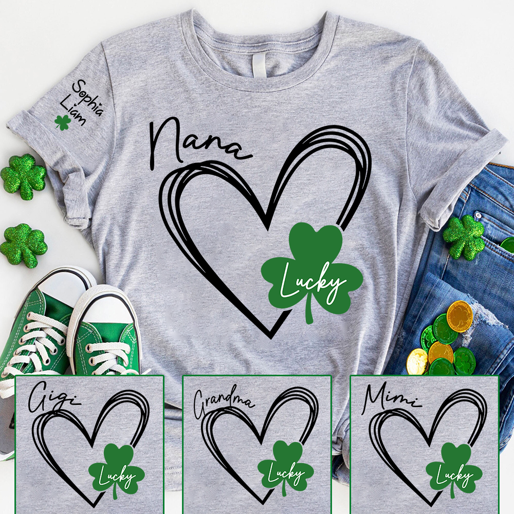 Nana Lucky Shamrock Heart T Shirt Personalized with Kids Names, Custom Grandma Shirt for St Patrick’s Day Celebration, Family Matching Green Clover Top