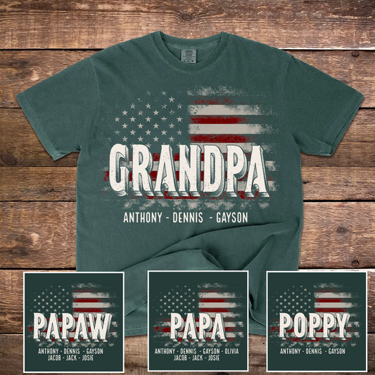 Papa American Flag Custom Name, Personalized Dad Papa Grandpa and Grandkids Comfort Colors® T-shirt