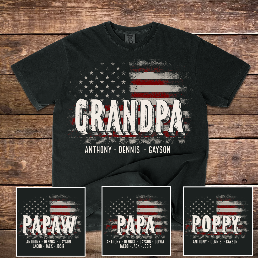Papa American Flag Custom Name, Personalized Dad Papa Grandpa and Grandkids Comfort Colors® T-shirt