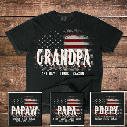 Papa American Flag Custom Name, Personalized Dad Papa Grandpa and Grandkids Comfort Colors® T-shirt