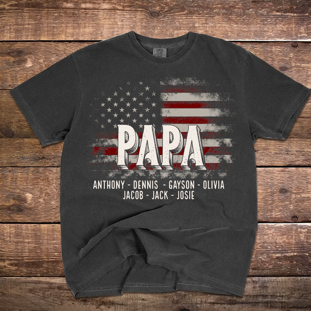 Papa American Flag Custom Name, Personalized Dad Papa Grandpa and Grandkids Comfort Colors® T-shirt
