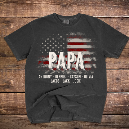 Papa American Flag Custom Name, Personalized Dad Papa Grandpa and Grandkids Comfort Colors® T-shirt