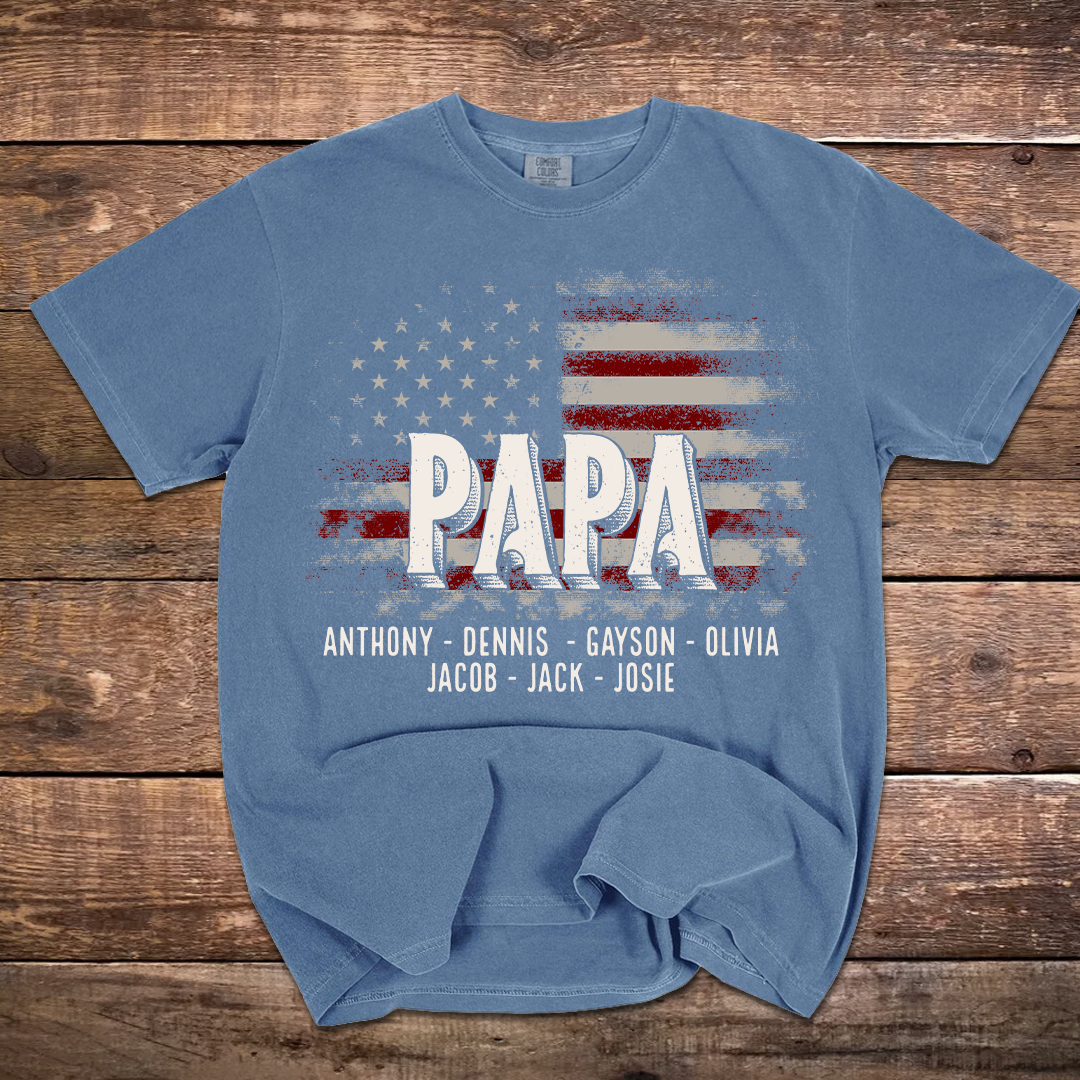 Papa American Flag Custom Name, Personalized Dad Papa Grandpa and Grandkids Comfort Colors® T-shirt