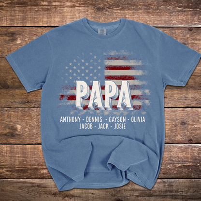 Papa American Flag Custom Name, Personalized Dad Papa Grandpa and Grandkids Comfort Colors® T-shirt
