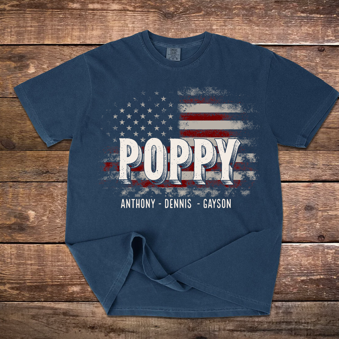 Papa American Flag Custom Name, Personalized Dad Papa Grandpa and Grandkids Comfort Colors® T-shirt