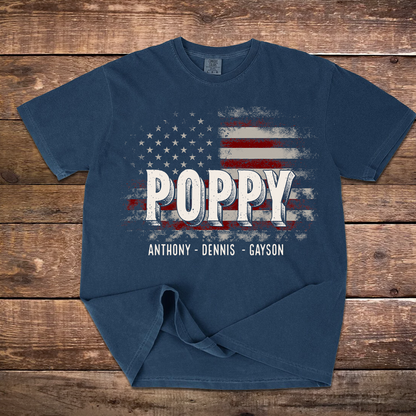Papa American Flag Custom Name, Personalized Dad Papa Grandpa and Grandkids Comfort Colors® T-shirt