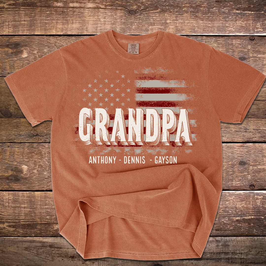 Papa American Flag Custom Name, Personalized Dad Papa Grandpa and Grandkids Comfort Colors® T-shirt