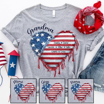 Patriotic 4th of July Personalized Grandma and Grandkids Heart America Flag T-shirt
