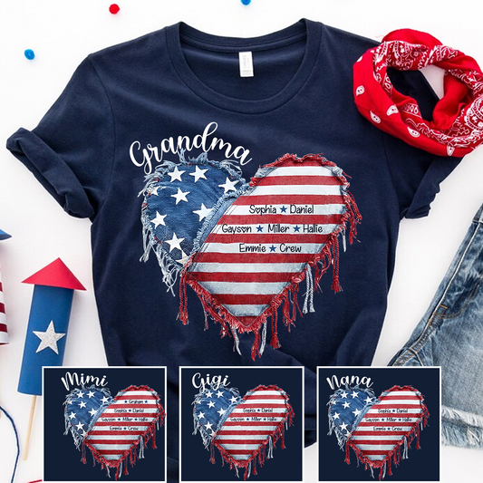 Patriotic 4th of July Personalized Grandma and Grandkids Heart America Flag T-shirt