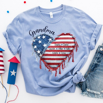 Patriotic 4th of July Personalized Grandma and Grandkids Heart America Flag T-shirt