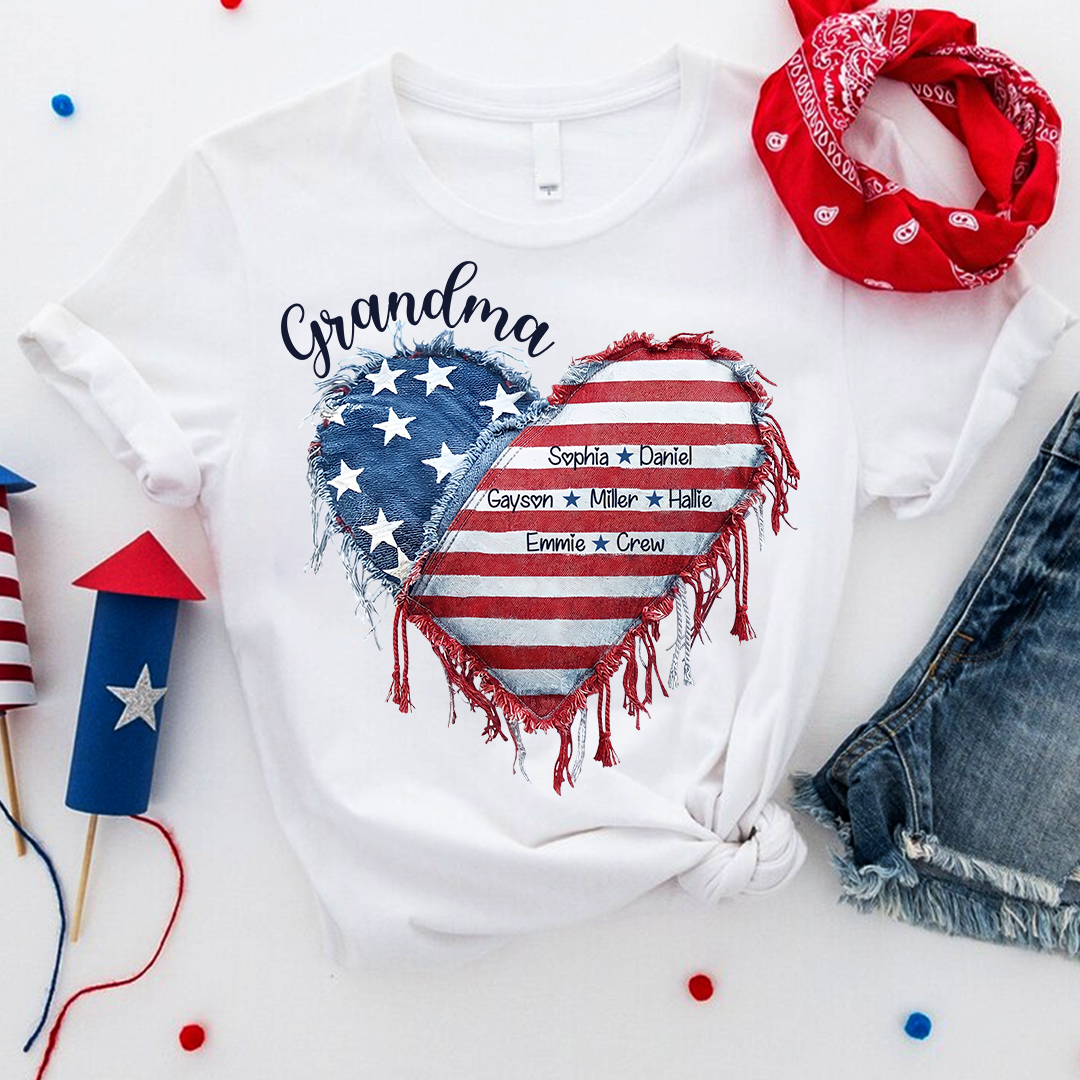 Patriotic 4th of July Personalized Grandma and Grandkids Heart America Flag T-shirt
