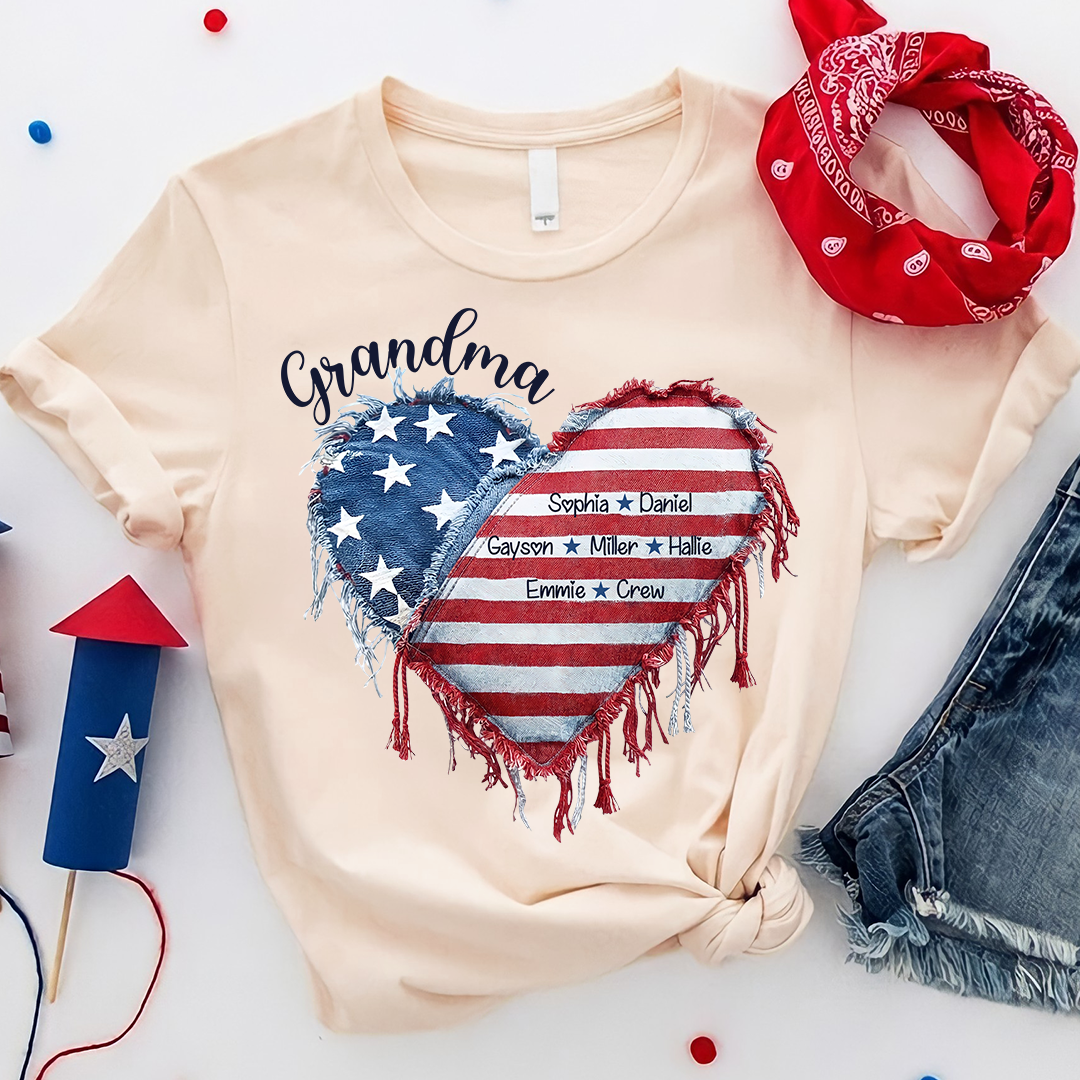 Patriotic 4th of July Personalized Grandma and Grandkids Heart America Flag T-shirt