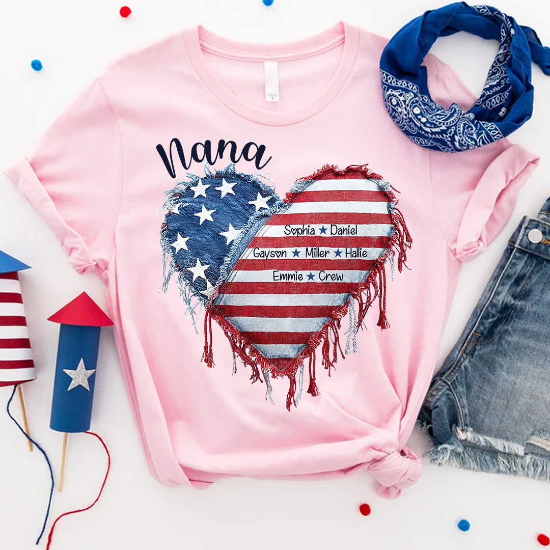 Patriotic 4th of July Personalized Grandma and Grandkids Heart America Flag T-shirt