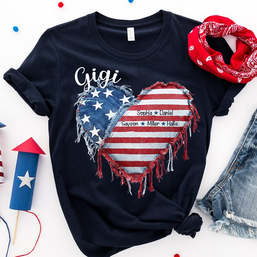 Patriotic 4th of July Personalized Grandma and Grandkids Heart America Flag T-shirt