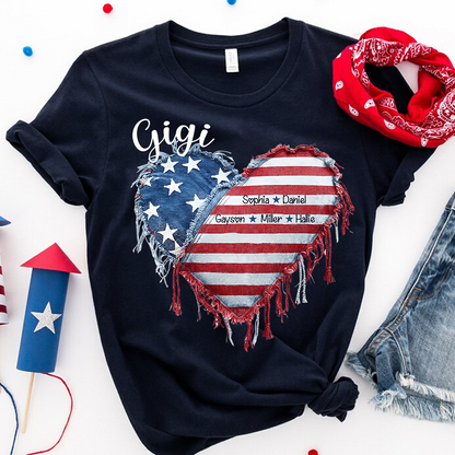 Patriotic 4th of July Personalized Grandma and Grandkids Heart America Flag T-shirt