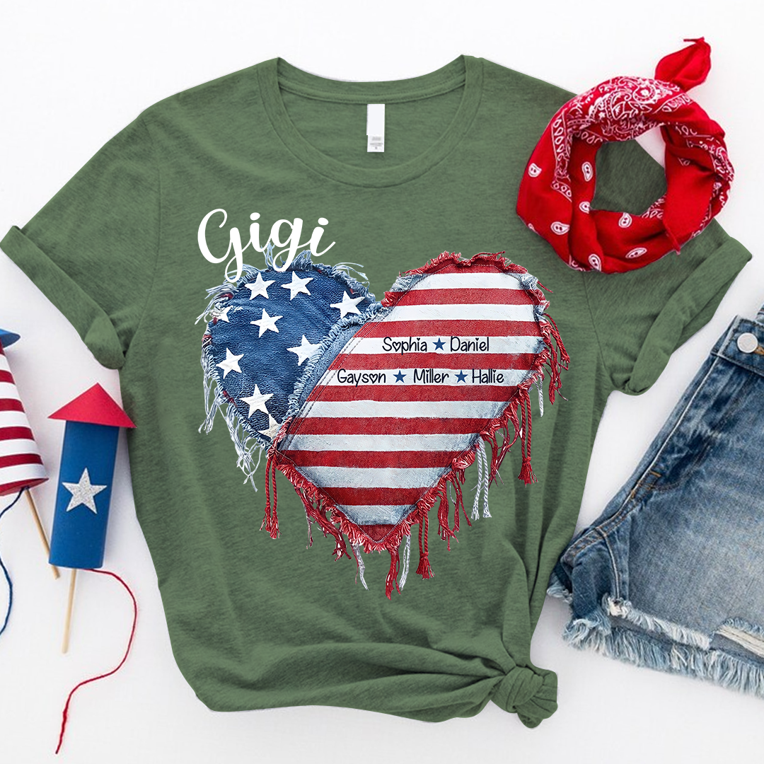 Patriotic 4th of July Personalized Grandma and Grandkids Heart America Flag T-shirt