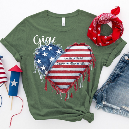 Patriotic 4th of July Personalized Grandma and Grandkids Heart America Flag T-shirt