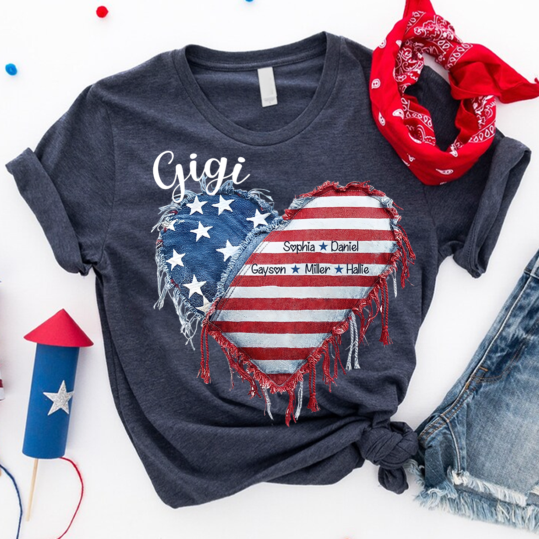 Patriotic 4th of July Personalized Grandma and Grandkids Heart America Flag T-shirt
