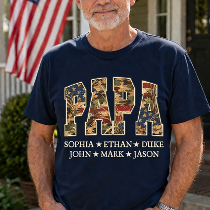 Patriotic  American Flag Camo Dad Papa Pop Custom Name Father’s Day Gift T-Shirt